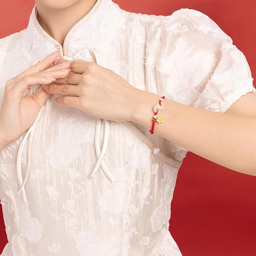 ZHOU LIU FU 24K Solid Gold Bracelets for Women, Real Pure Gold Bracelets Adjustable Friendship Charm Gold Sakura Green Nephrite Jade Jewelry Braided Bracelets for Mom Women Girl Teen Lover