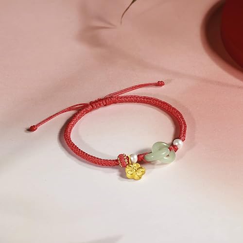 ZHOU LIU FU 24K Solid Gold Bracelets for Women, Real Pure Gold Bracelets Adjustable Friendship Charm Gold Sakura Green Nephrite Jade Jewelry Braided Bracelets for Mom Women Girl Teen Lover
