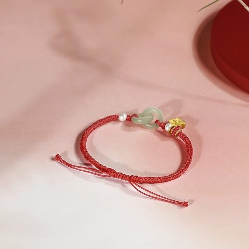 ZHOU LIU FU 24K Solid Gold Bracelets for Women, Real Pure Gold Bracelets Adjustable Friendship Charm Gold Sakura Green Nephrite Jade Jewelry Braided Bracelets for Mom Women Girl Teen Lover