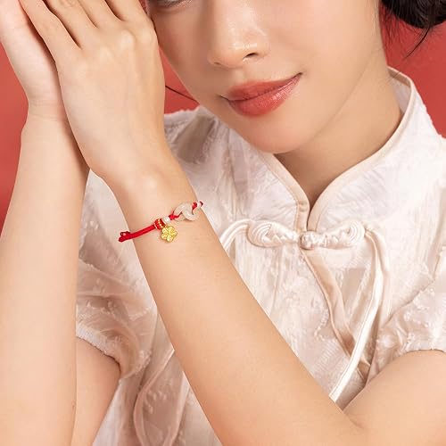 ZHOU LIU FU 24K Solid Gold Bracelets for Women, Real Pure Gold Bracelets Adjustable Friendship Charm Gold Sakura Green Nephrite Jade Jewelry Braided Bracelets for Mom Women Girl Teen Lover