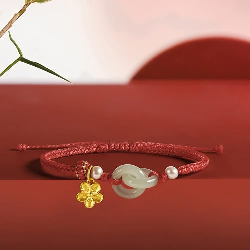 ZHOU LIU FU 24K Solid Gold Bracelets for Women, Real Pure Gold Bracelets Adjustable Friendship Charm Gold Sakura Green Nephrite Jade Jewelry Braided Bracelets for Mom Women Girl Teen Lover