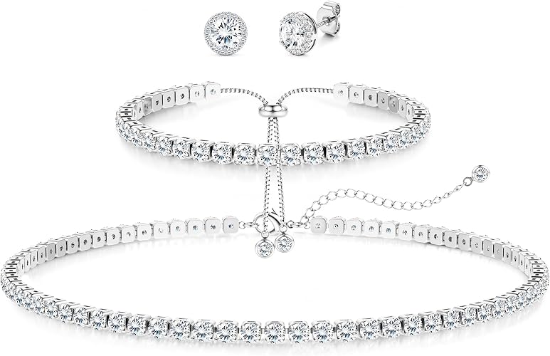 Diamday Jewellery Set for Women, Tennis Necklace Bracelet Earrings Set 925 Sterling Silver Post Stud Hoop Earrings Hypoallergenic Chocker Necklace Bracelet for Prom Costume Wedding Bridesmaids