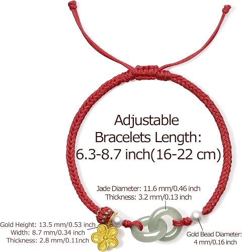 ZHOU LIU FU 24K Solid Gold Bracelets for Women, Real Pure Gold Bracelets Adjustable Friendship Charm Gold Sakura Green Nephrite Jade Jewelry Braided Bracelets for Mom Women Girl Teen Lover