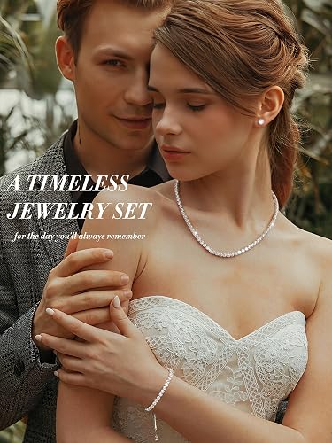 Diamday Jewellery Set for Women, Tennis Necklace Bracelet Earrings Set 925 Sterling Silver Post Stud Hoop Earrings Hypoallergenic Chocker Necklace Bracelet for Prom Costume Wedding Bridesmaids