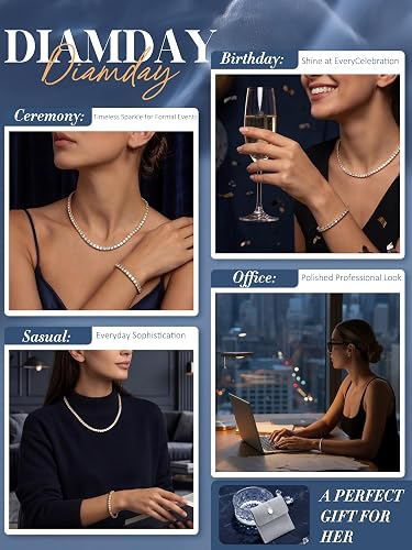 Diamday Jewellery Set for Women, Tennis Necklace Bracelet Earrings Set 925 Sterling Silver Post Stud Hoop Earrings Hypoallergenic Chocker Necklace Bracelet for Prom Costume Wedding Bridesmaids