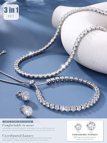 Diamday Jewellery Set for Women, Tennis Necklace Bracelet Earrings Set 925 Sterling Silver Post Stud Hoop Earrings Hypoallergenic Chocker Necklace Bracelet for Prom Costume Wedding Bridesmaids